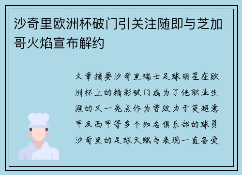 沙奇里欧洲杯破门引关注随即与芝加哥火焰宣布解约